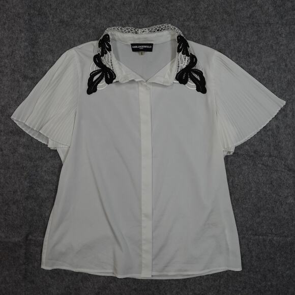 Karl Lagerfeld Top Womens Medium Pleated Flutter Sleeve Lace Collar Button Front - Picture 1 of 9